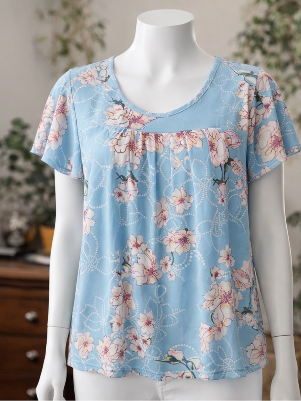 KOAIZ Floral Blouse XL Blue Pink Flowy Boho Cottagecore Spring Top